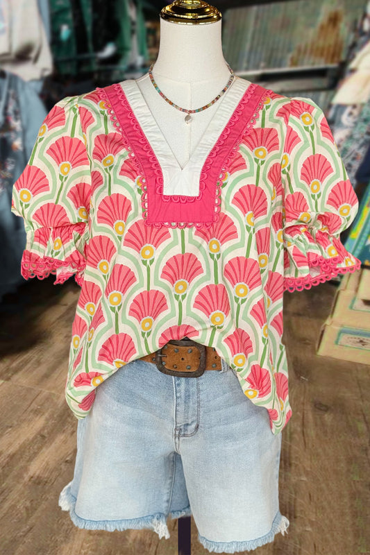 Floral Print Contrast V-Neck Puff Sleeve Top