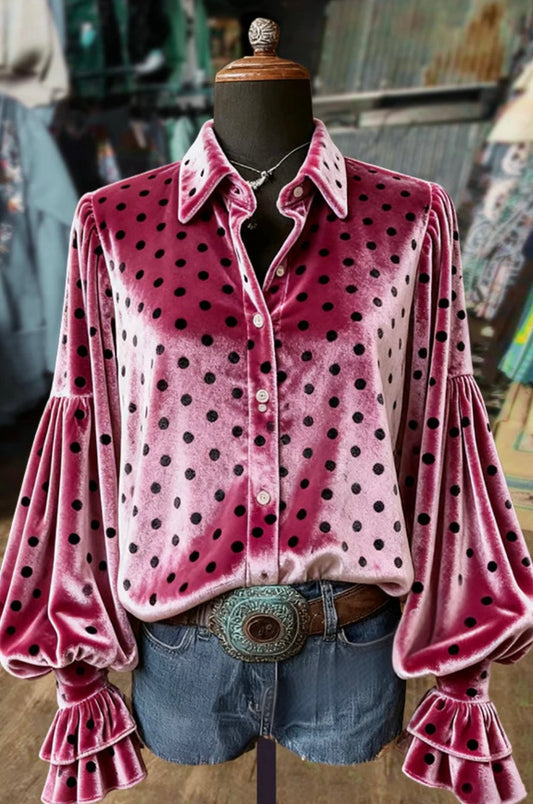 Polka Dot Print Balloon Sleeve Velvet Top