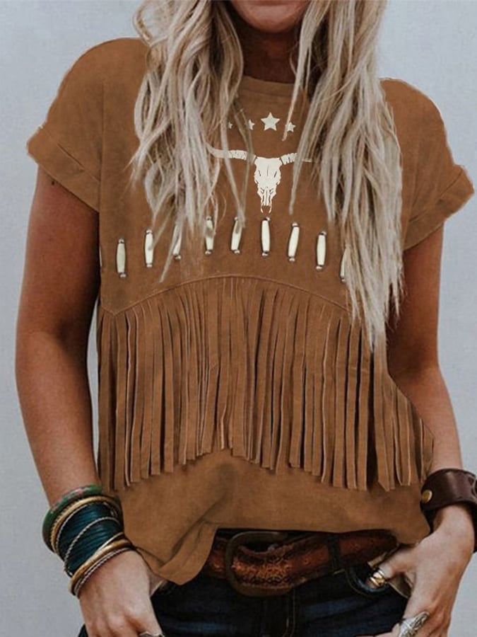 Women's Ethnic Art Print V-Neck Lace Trim Cotton Top