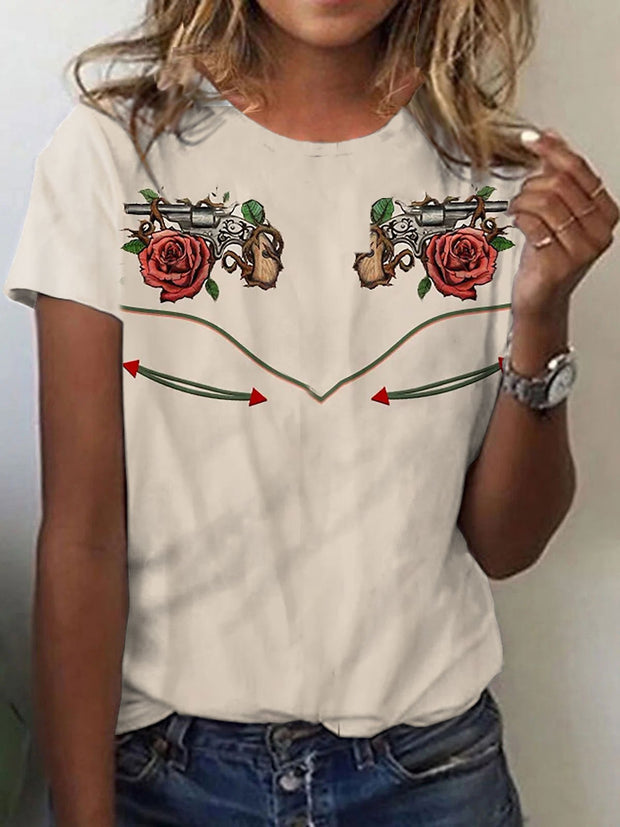 Women's  Retro Western Rose Gun Printed Crew Neck T-Shirt