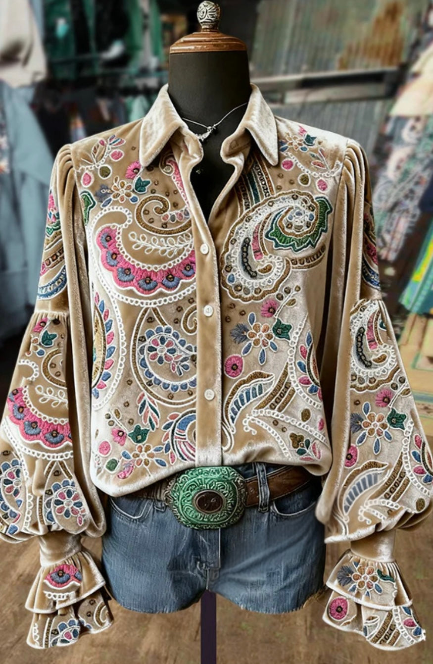 Retro Floral Pattern Balloon Sleeve Velvet Top