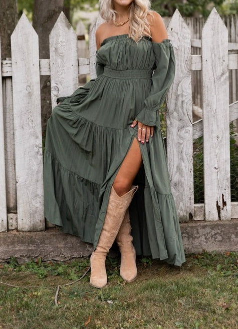 Ruffled Sleeves High Slit Off-the-shoulder Dress