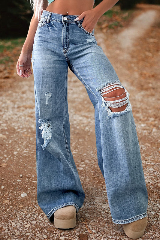 Retro Distressed Wide Leg Jeans