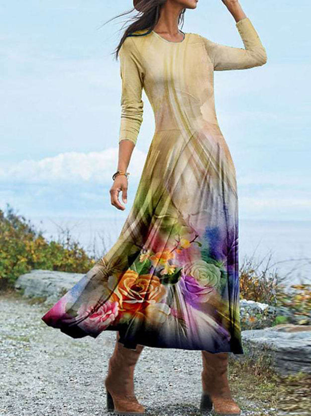 Oil Painting Floral Print Round Neck Long Sleeve Dress