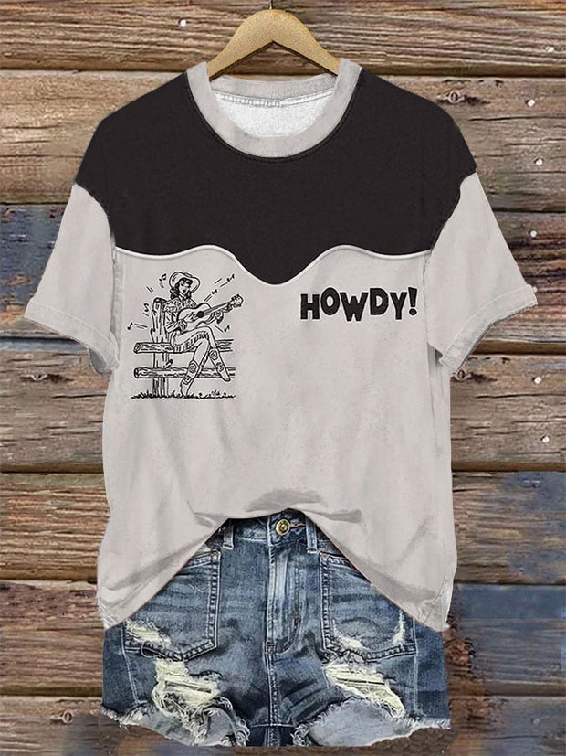 Women's  Retro Western Music cowgirl HOWDY Printed Crew Neck T-Shirt