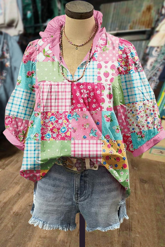 Mixed Fabric Print Puff Sleeve Top