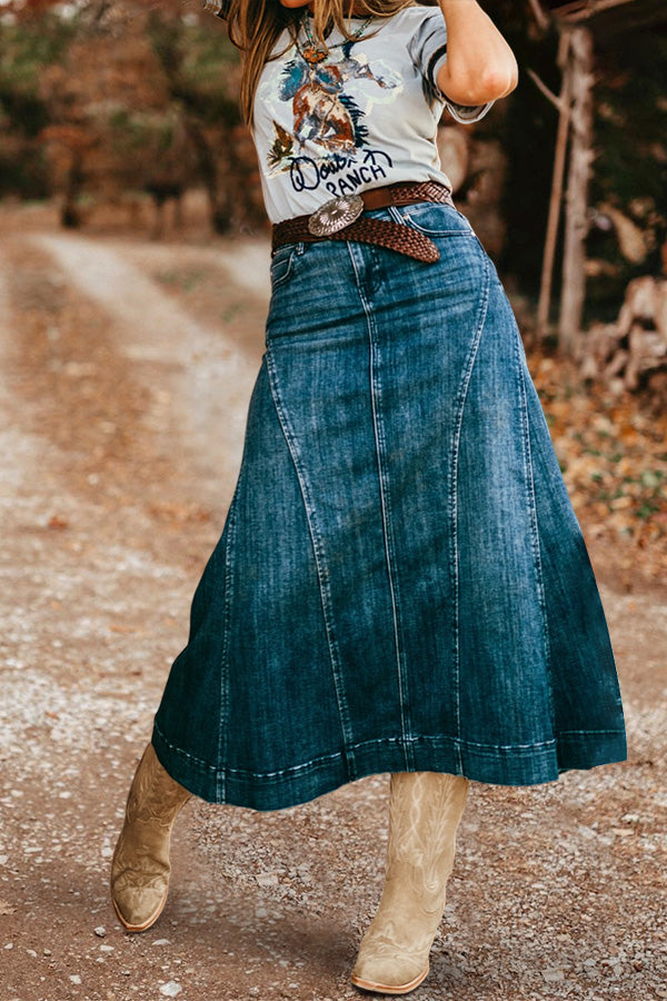 Washed Patchwork Denim Skirt