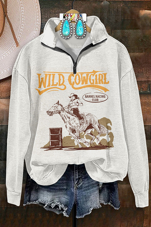 Retro Western Cowgirl Print Zipper Sweatshirt