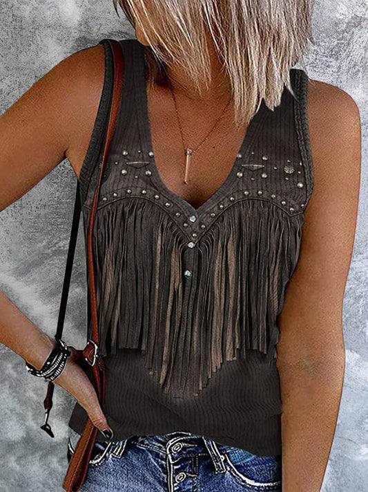 Women's Western Fringe Print V-Neck Sleeveless Tank Top