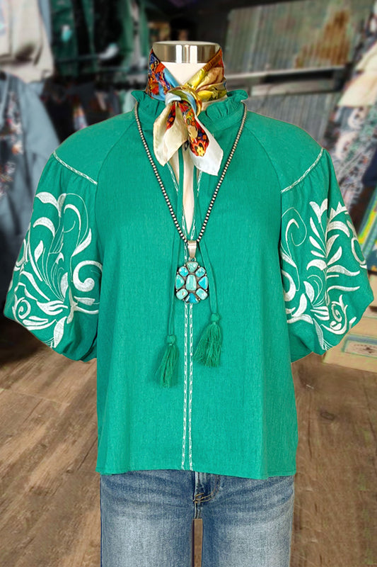 Embroidered Tassel Neck Bubble Sleeve Top