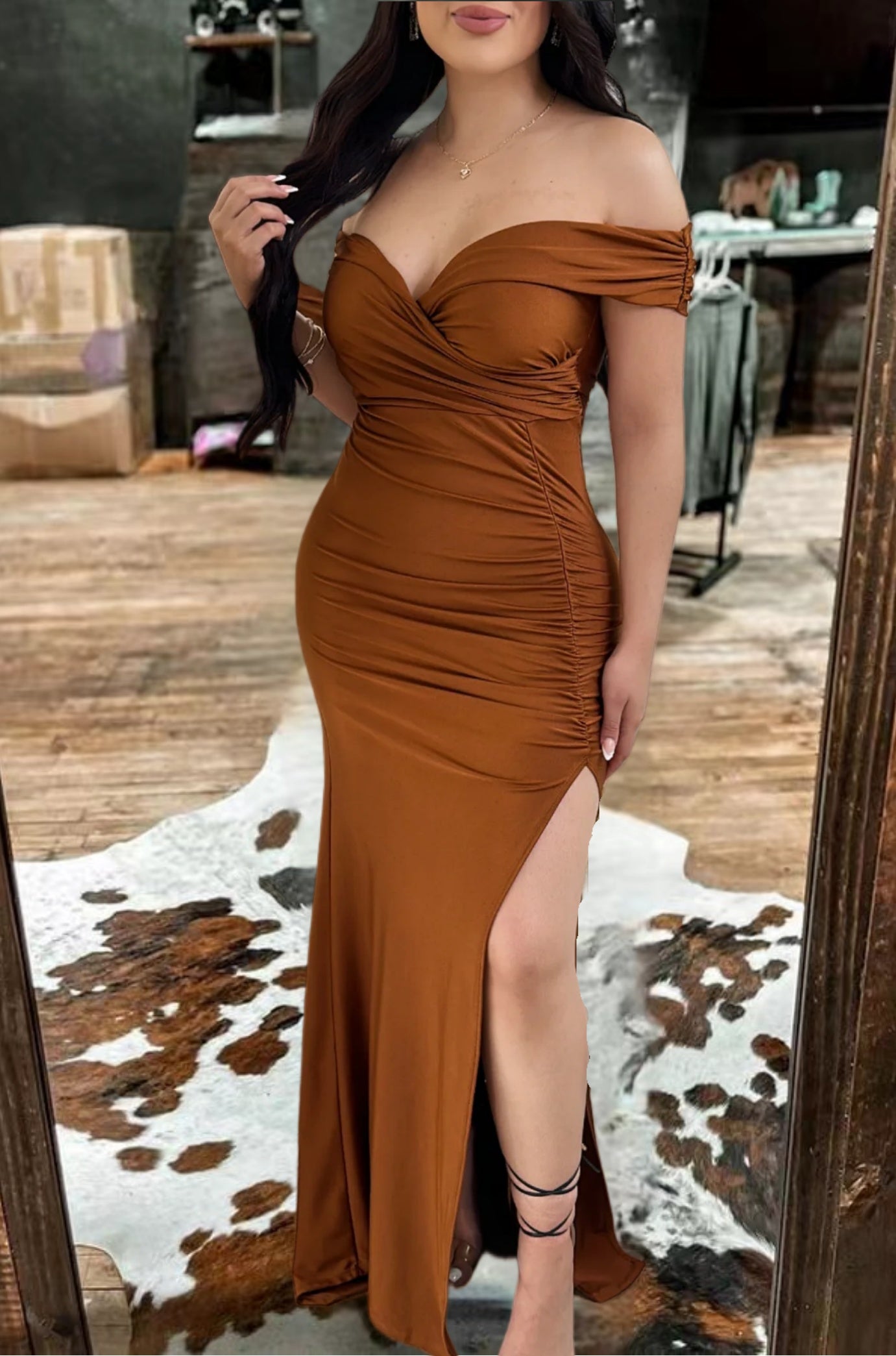 Off-Shoulder Ruched Evening Maxi Dress