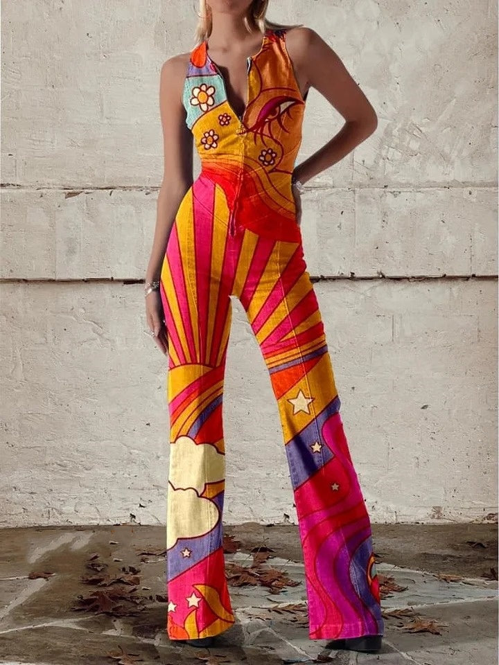 Women's Colour Psychedelic Hippie Print Casual Denim Jumpsuit