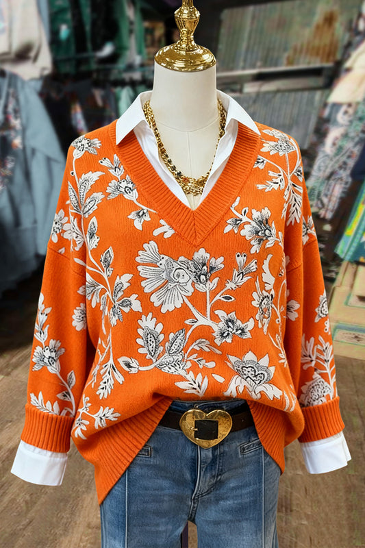 Vintage Floral Print Fake Collar Sweater