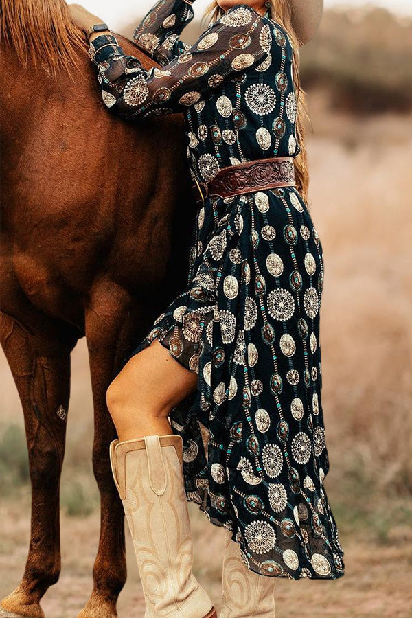 Retro Turquoise Print Long Sleeve Dress