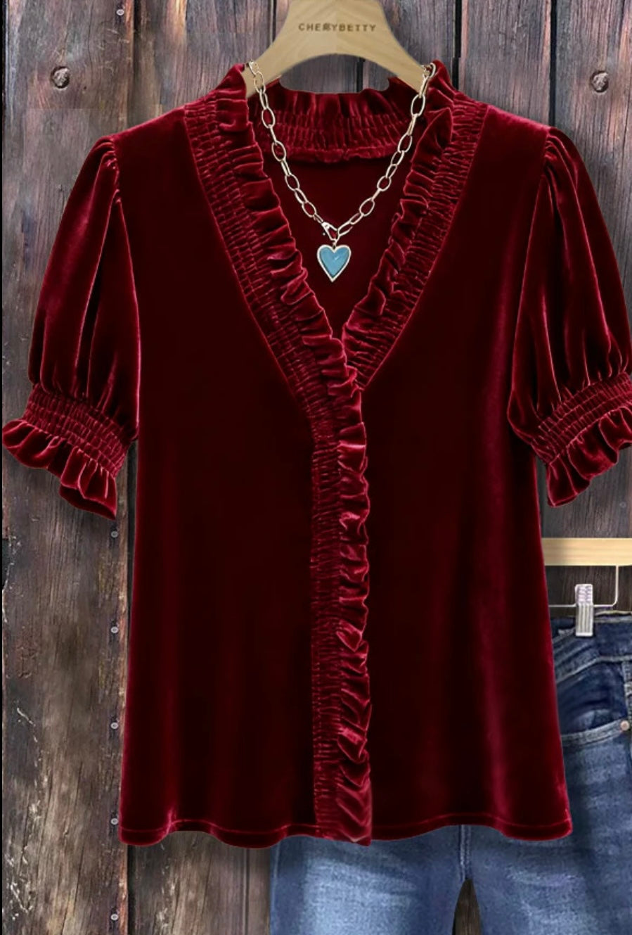 Solid Ruffle Neck Puff Sleeve Top