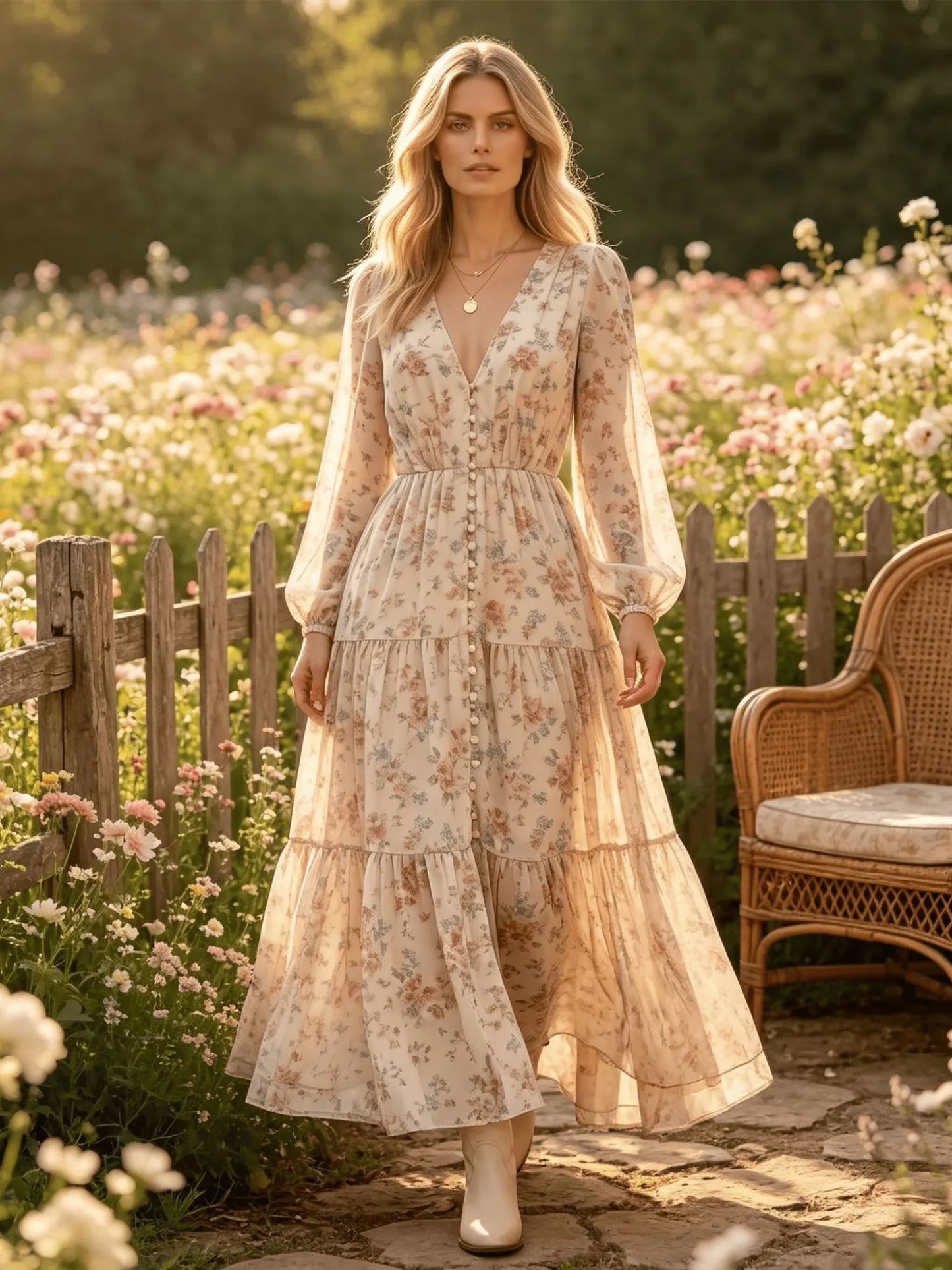 Ivory Apricot Ditsy Floral Chiffon Plunge V-Neck Bishop Sleeve Tiered Maxi Dress