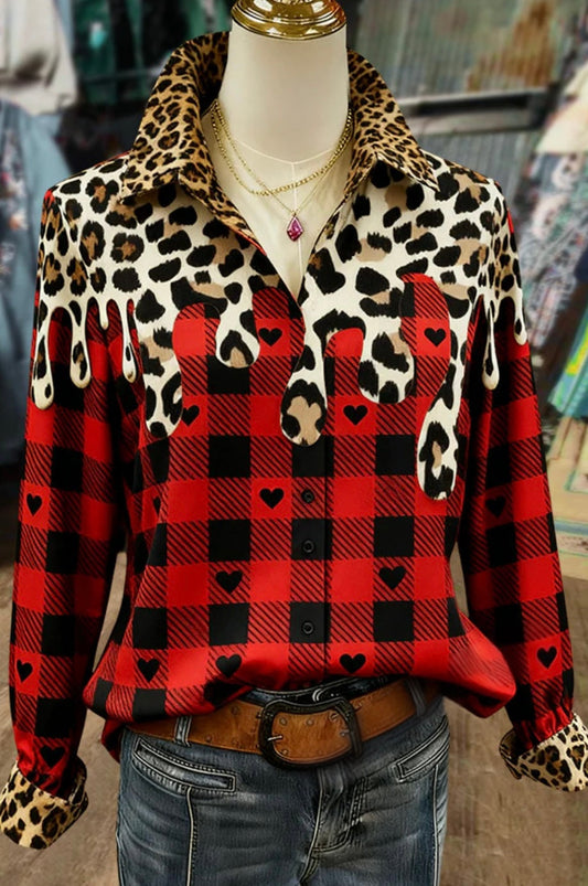 Classic Plaid Leopard Print Leopard Collar Blouse