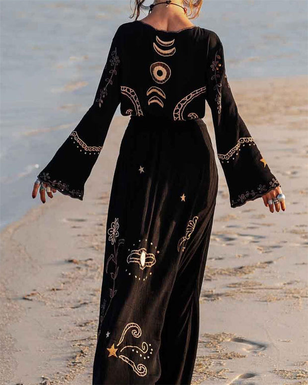 Women's V-neck Black Printed Print Dress