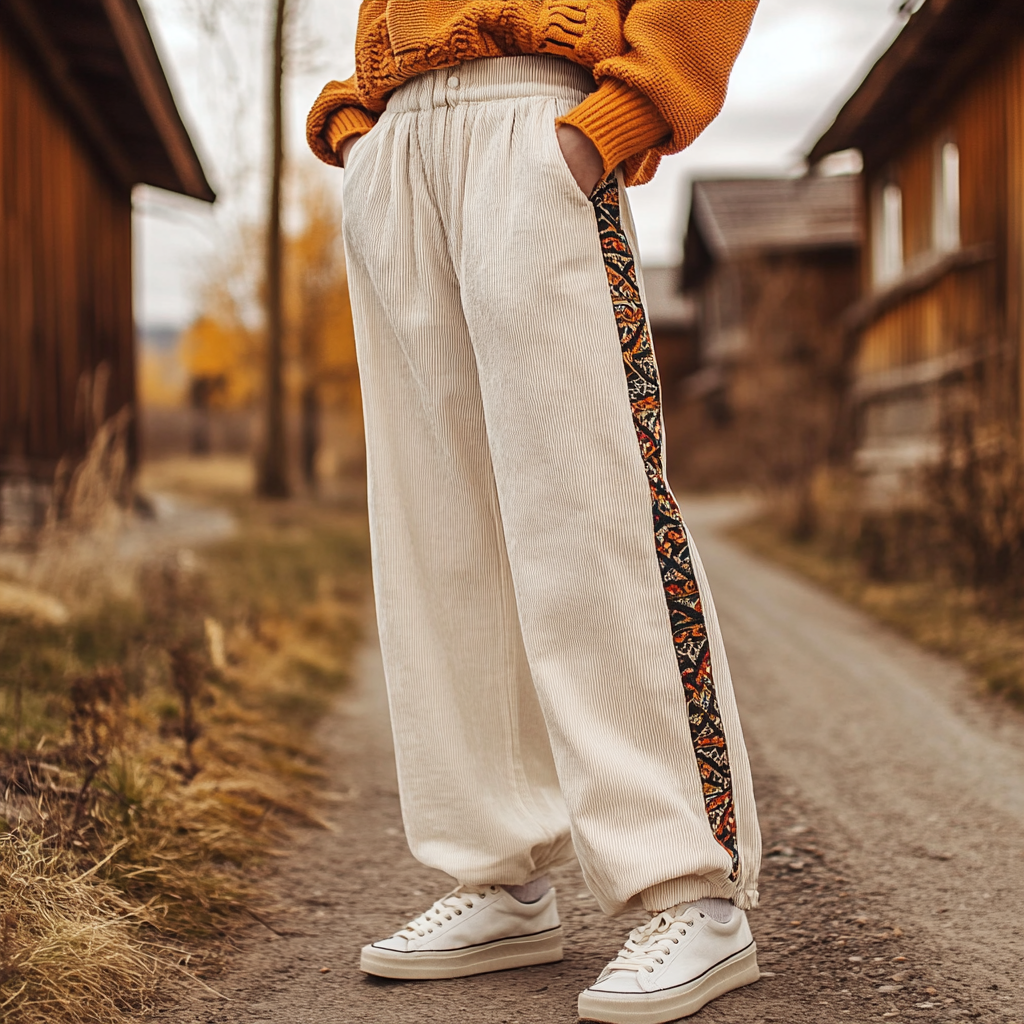 Women's Loose Corduroy Casual Trousers, Simple Ethnic Style Comfortable Elastic Waist Small Leg Trousers