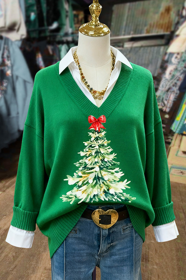 Christmas Tree Print Fake Collar Long Sleeve Sweater
