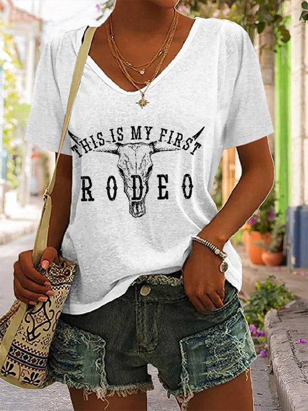 Women's Western This Is My First Rodeo Printed V-Neck T-Shirt