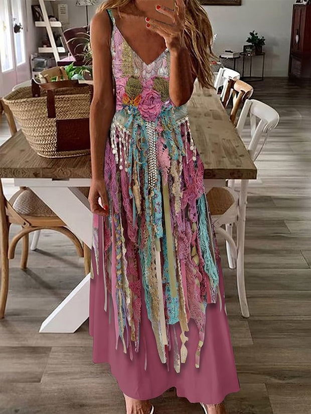 Women's Western Tassel Print Sleeveless Maxi Dress