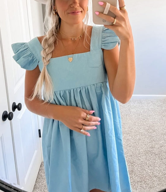 Square Collar Blue Mini Dress