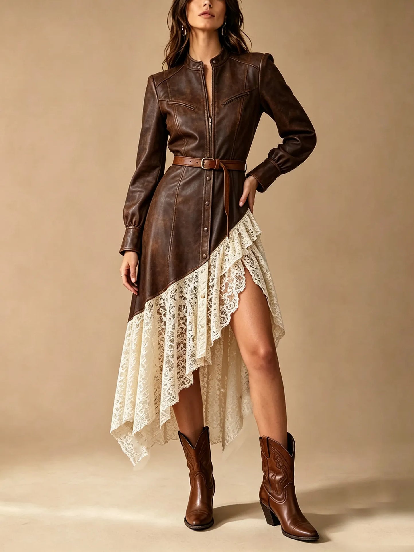 Coffee Brown Leather Patchwork Asymmetric Lace Midi Dress