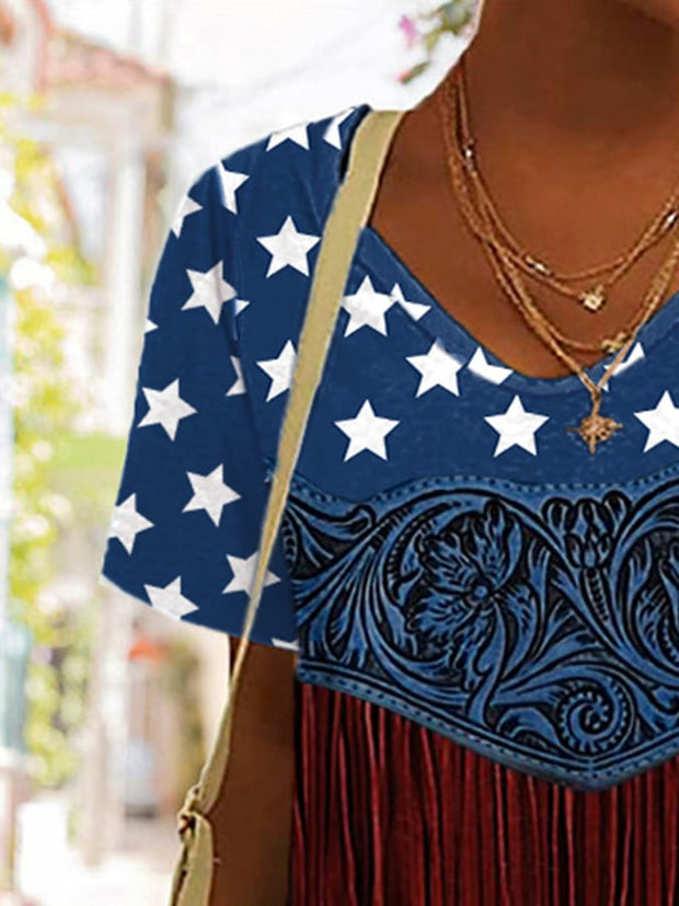 Women's American Flag Pattern Floral Tassel Art Print T-Shirt
