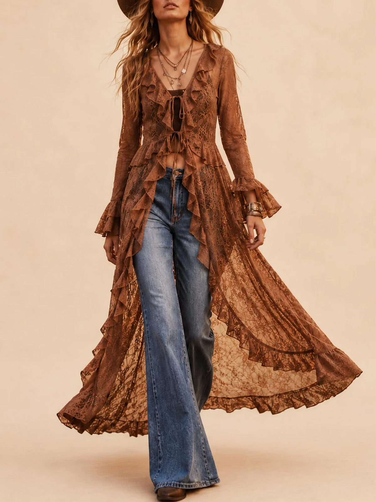 Perfect for a Western Music Festival & Outdoor Party — Women's Brown Tie-Front Ruffled Sheer Lace Duster Cardigan