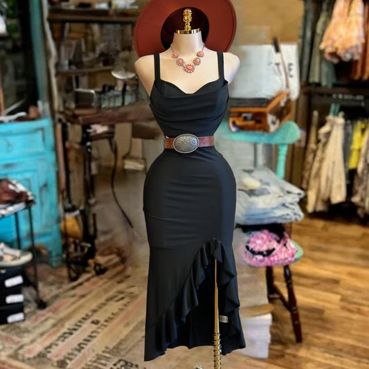 Thick Strap Heart Line Ruffle Dress