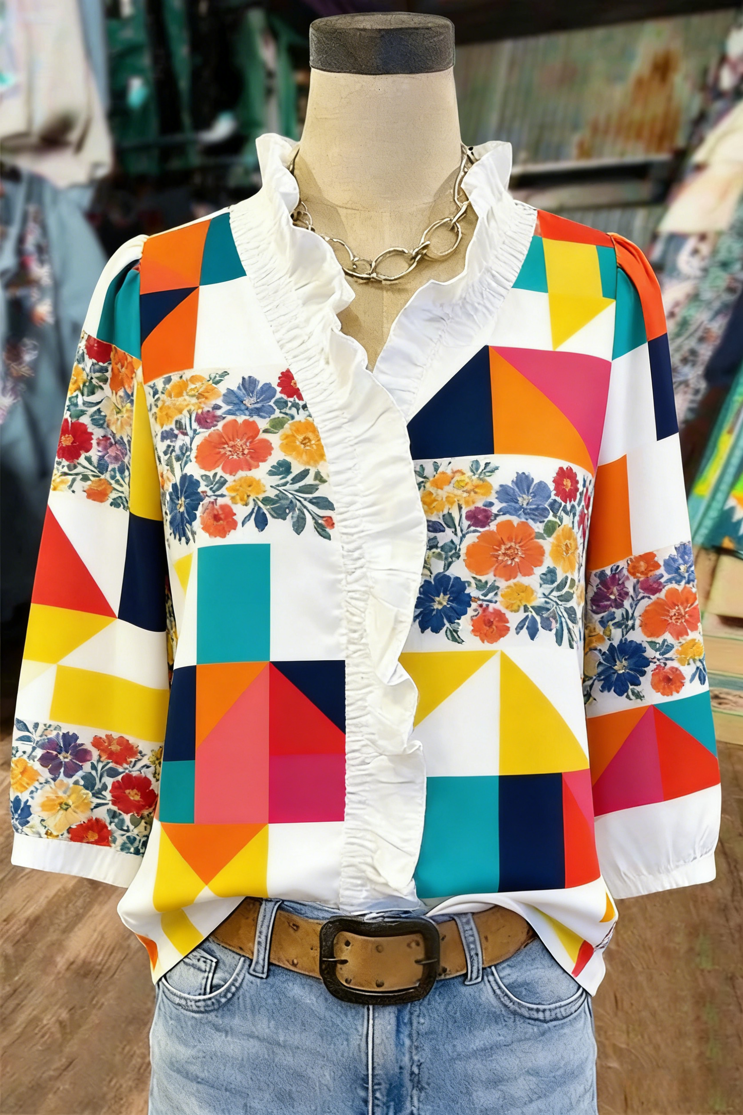 Colorblock Floral Ruffle-Neck Blouse – Geometric Print 3/4 Sleeve Top