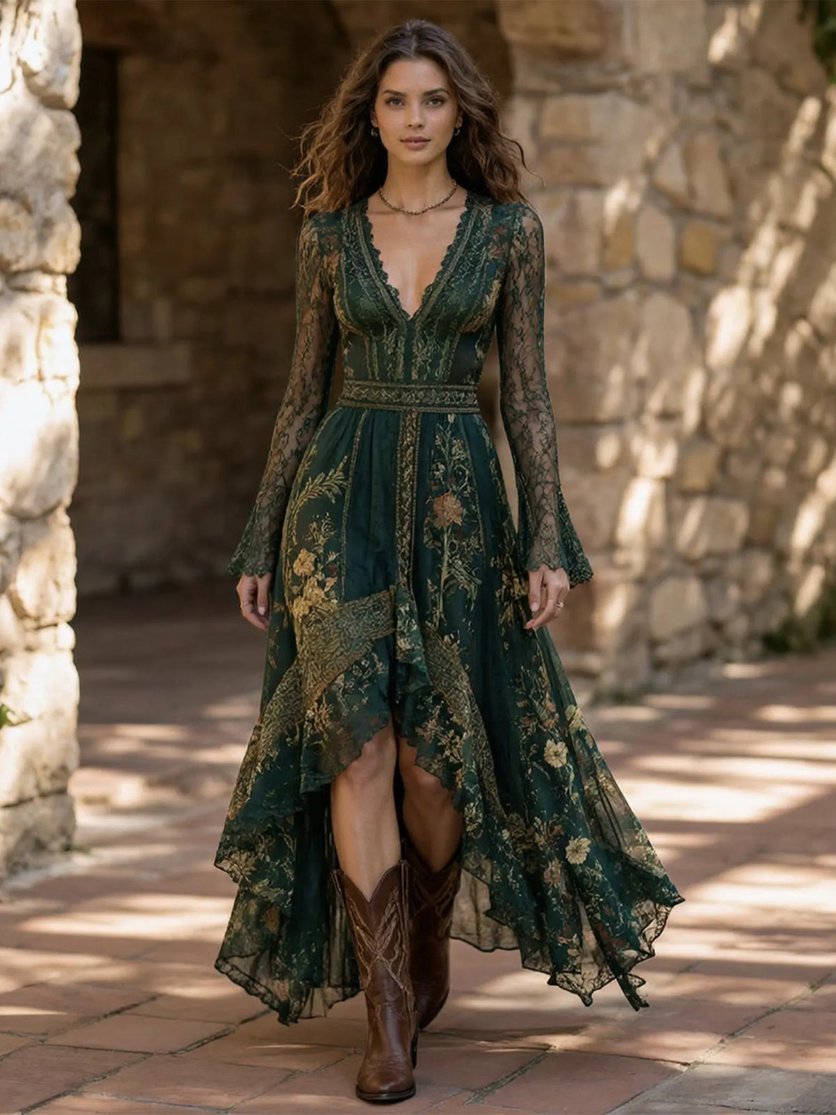 A sophisticated autumn Western Bohemian style choice — 2026 Forest Green Deep V-neck Lace Floral Pattern Maxi Dresses