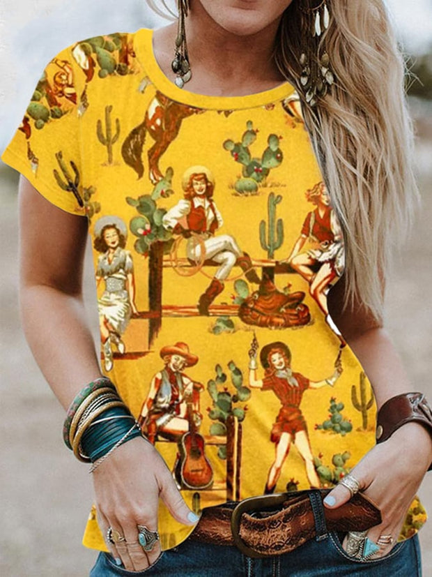 Women's Western Cactus Horse Cowgirl Vintage Print T-shirt