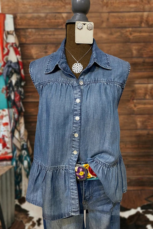 Sleeveless Ruffle Button Denim Tank