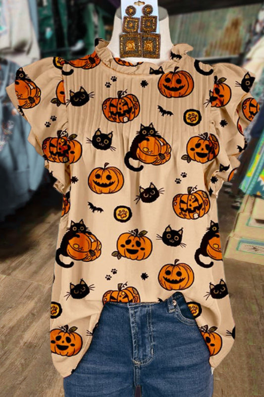 Mixed Halloween Print Pleated Top