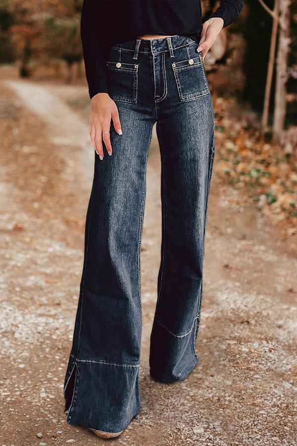 Vintage Washed Pocket Wide Leg Jeans