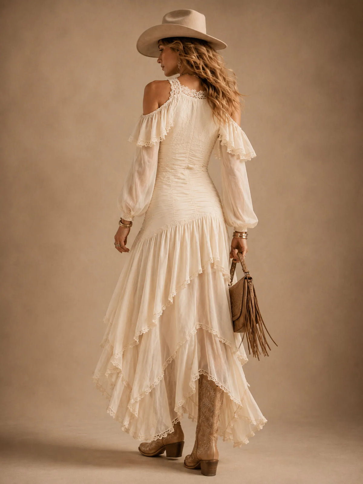 Perfect For A Rodeo Horse Riding Event — 2026 Spring/Autumn Women Cold-Shoulder Apricot Ruffle Lace High-Low Maxi Dress (No Belt)