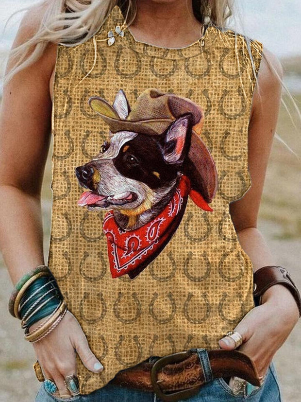 Women's Vintage Western Cowboy Dog Print Vest