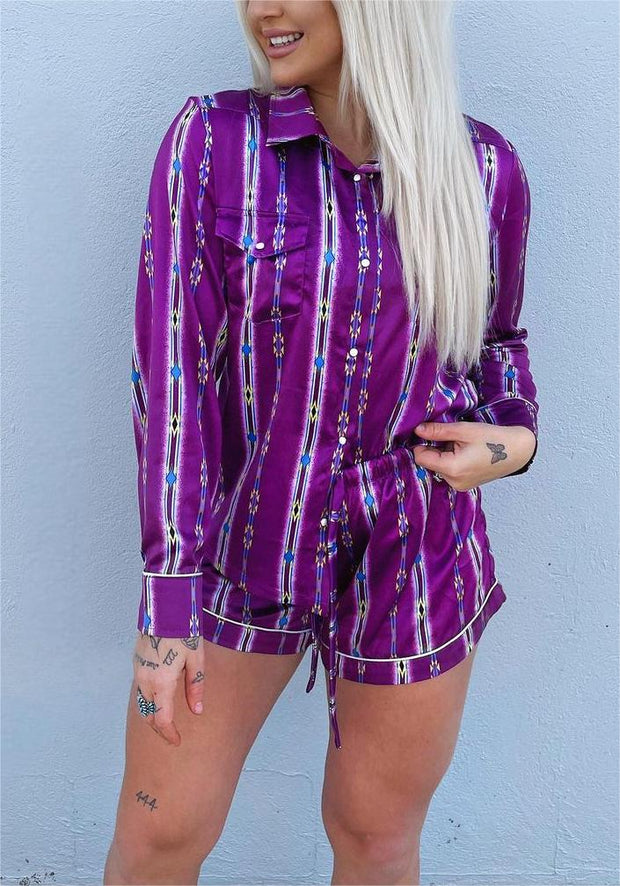 Casual Purple Stripes Print Pajama Set