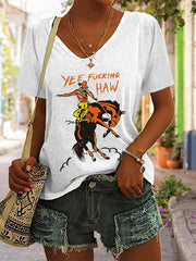 Women'S V-Neck Western Retro Print Graphic T-Shirt