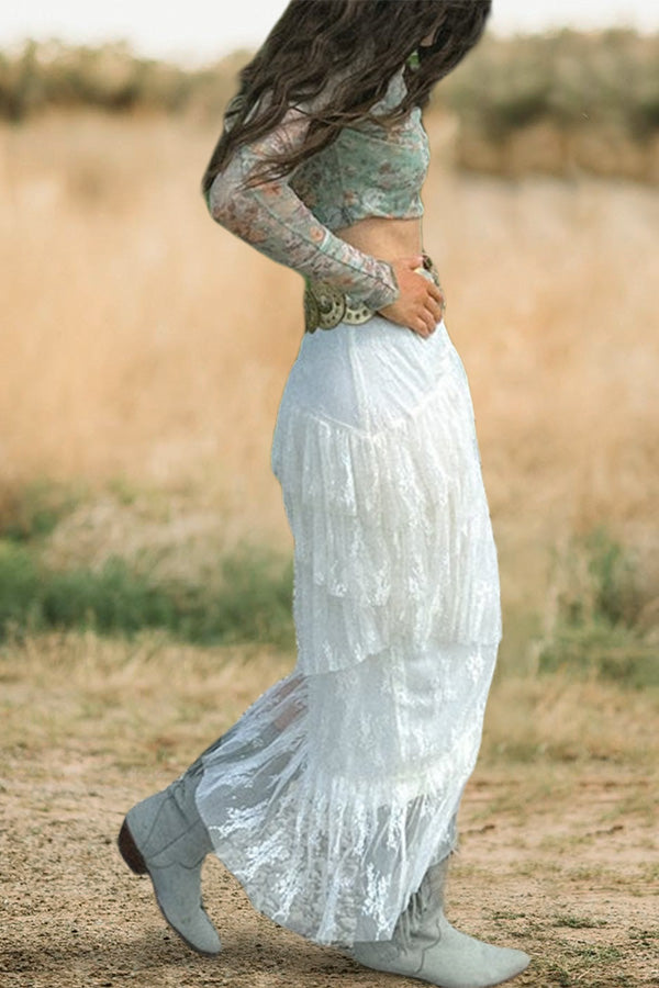 Beautiful Lace Asymmetrical Tiered Midi Skirt