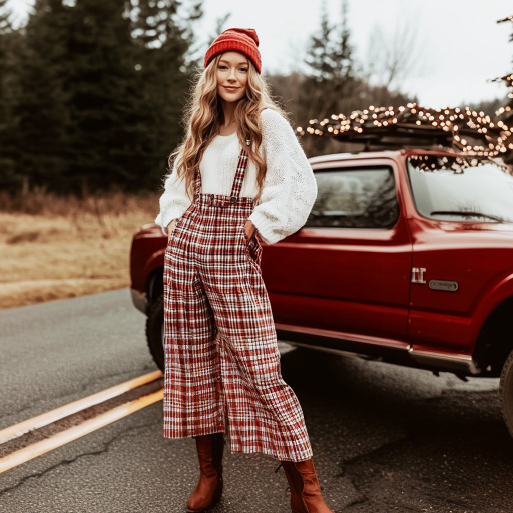 Women's Christmas Clothing Plaid Print Jumpsuit