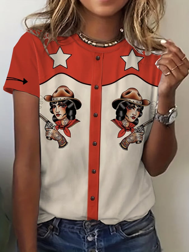 Women's Retro Western Style Printed Casual T-Shirt