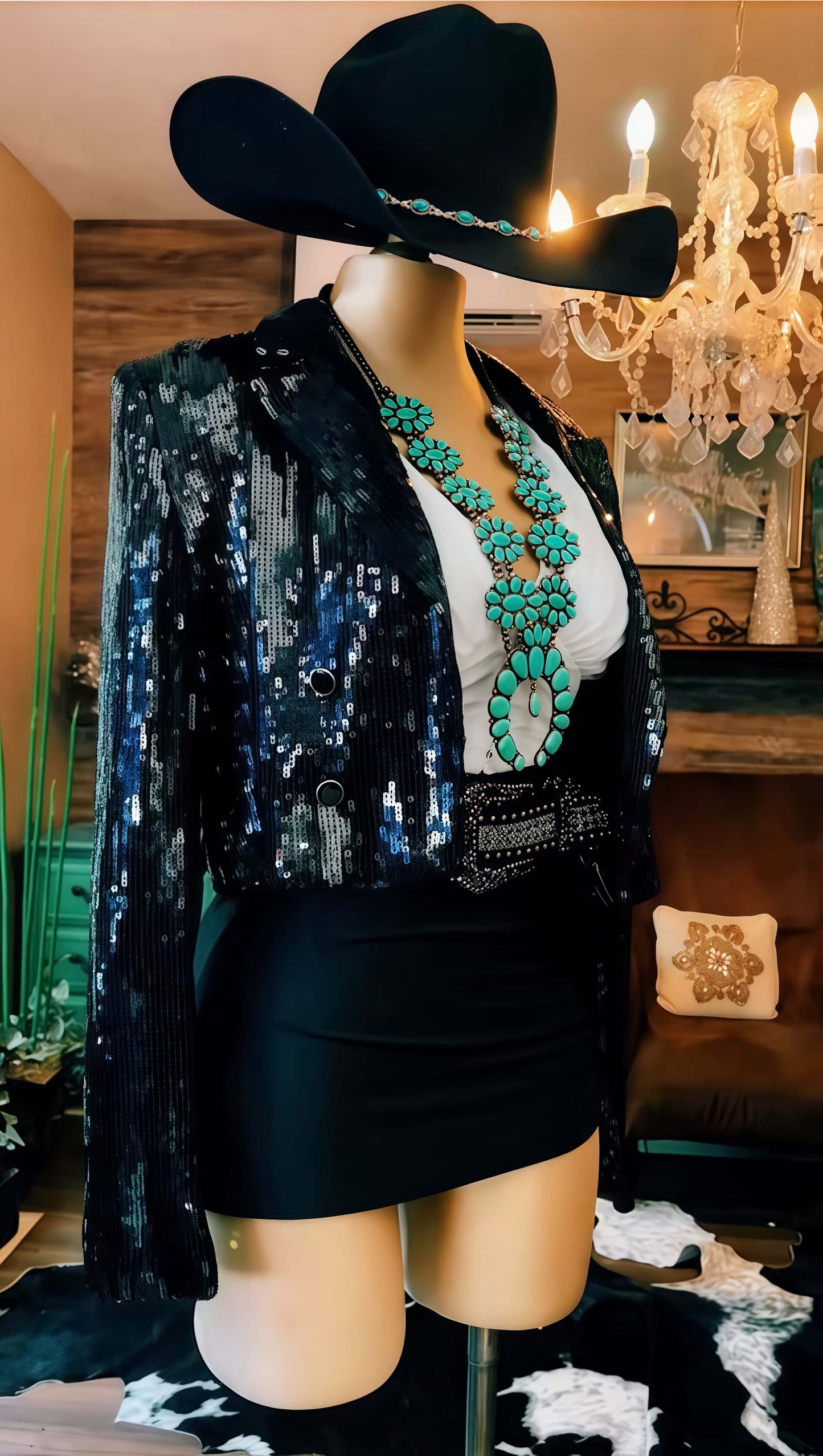 Sequin Western Cropped Jacket – Shiny Black Party Blazer