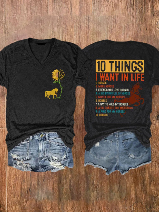Women's 10 Things I Want In Life Sunshine And Horses Printed V-Neck T-Shirt