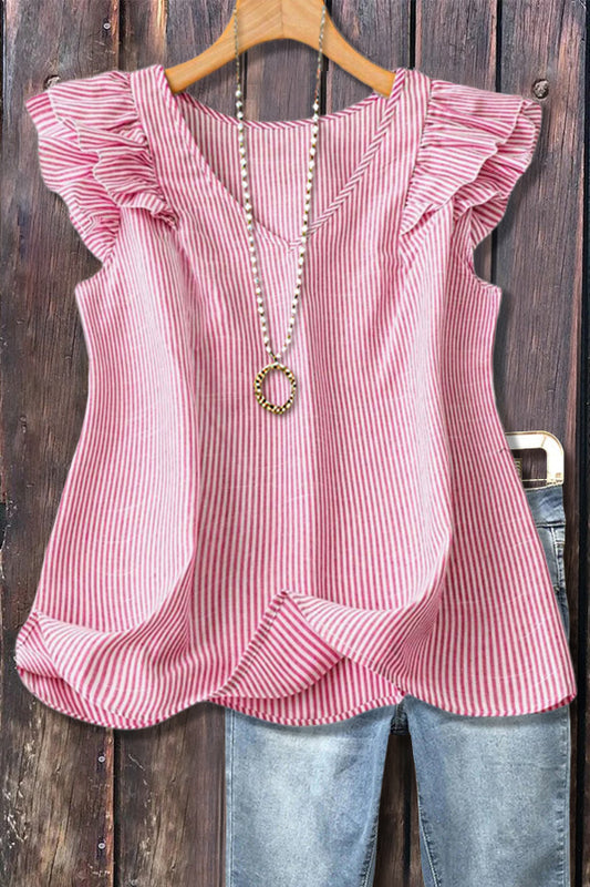 Striped V-Neck Ruffle Sleeve Top