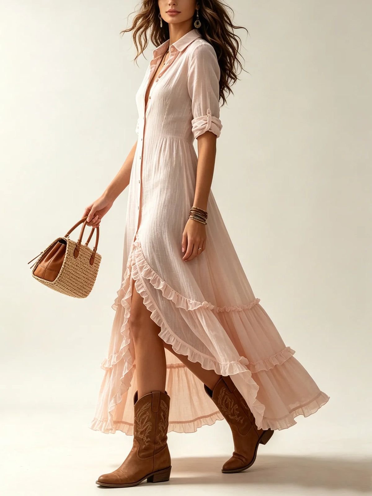 Western-style dress - Irregular front slit with tiered hem Maxi Dresses