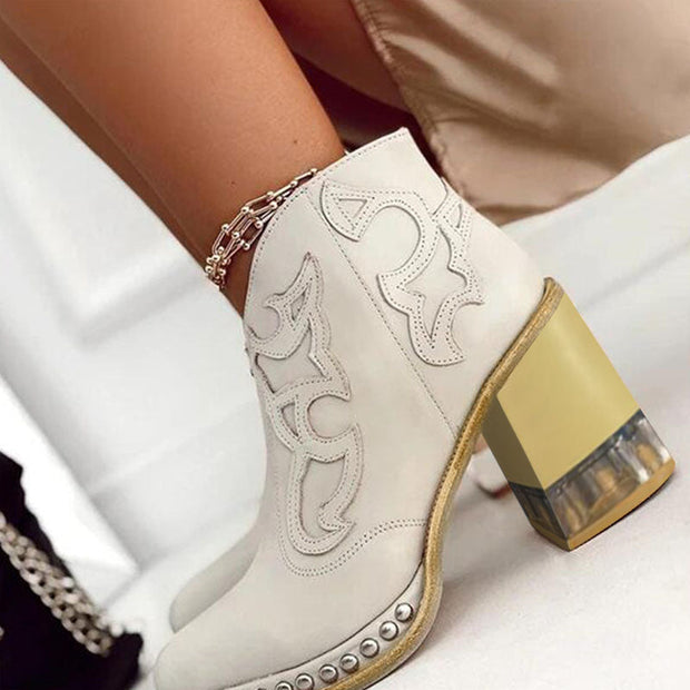 Embroidered Thick Heel Sewing Rivets Ankle Boots
