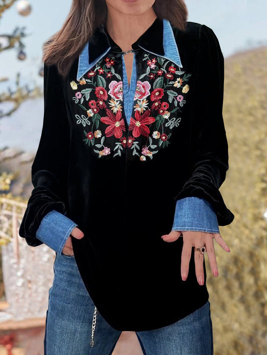 Daily Floral Velvet Patchwork Lapel Collar Long Sleeve Blouse